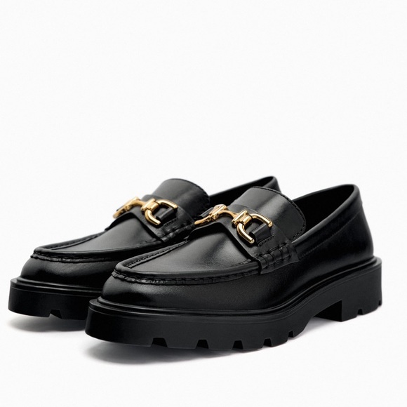 Lug Sole Black Leather Loafers with gold metal detail - Picture 3 of 13